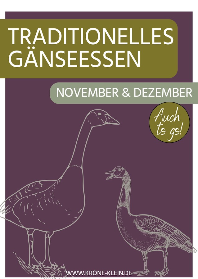 Zur Krone Flyer - Gänseessen 2025 Titelseite - Überschrift mit Zeichnung von zwei Gänsen